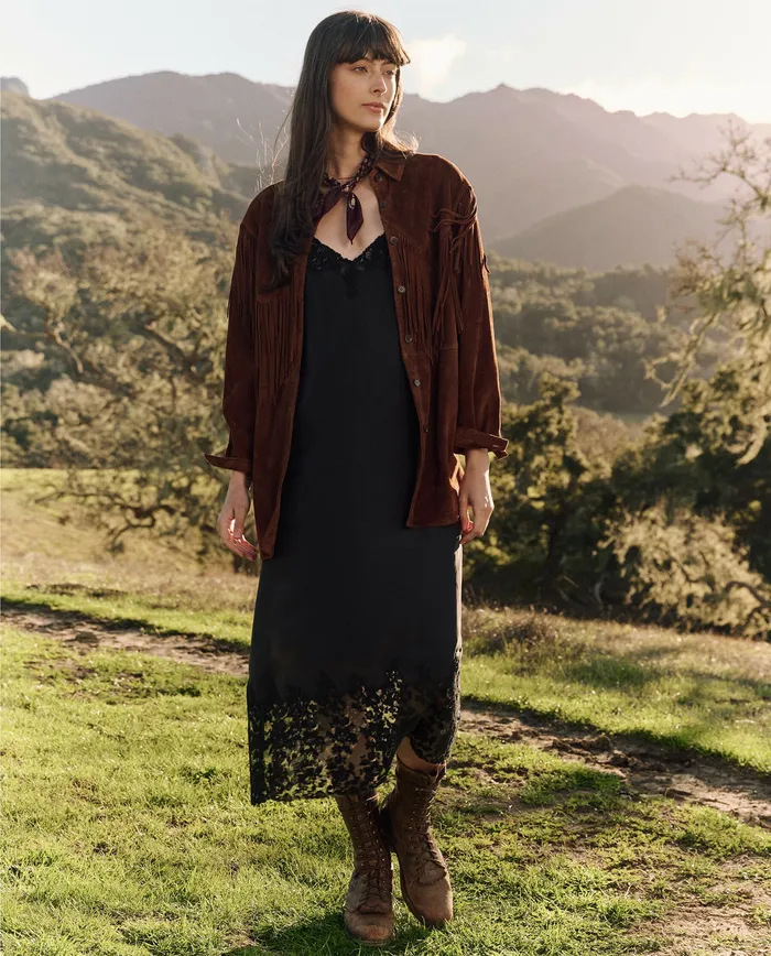 Jackets and Outerwear The Great Women The Suede Fringe Shirt Jacket Cognac