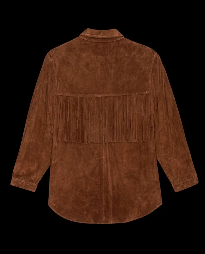 Jackets and Outerwear The Great Women The Suede Fringe Shirt Jacket Cognac