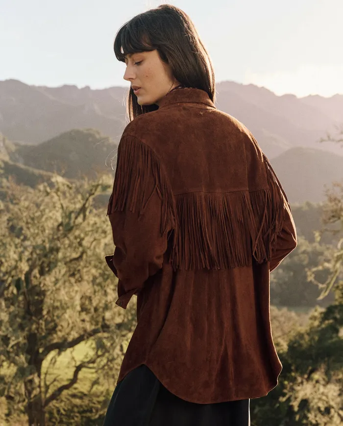 Jackets and Outerwear The Great Women The Suede Fringe Shirt Jacket Cognac