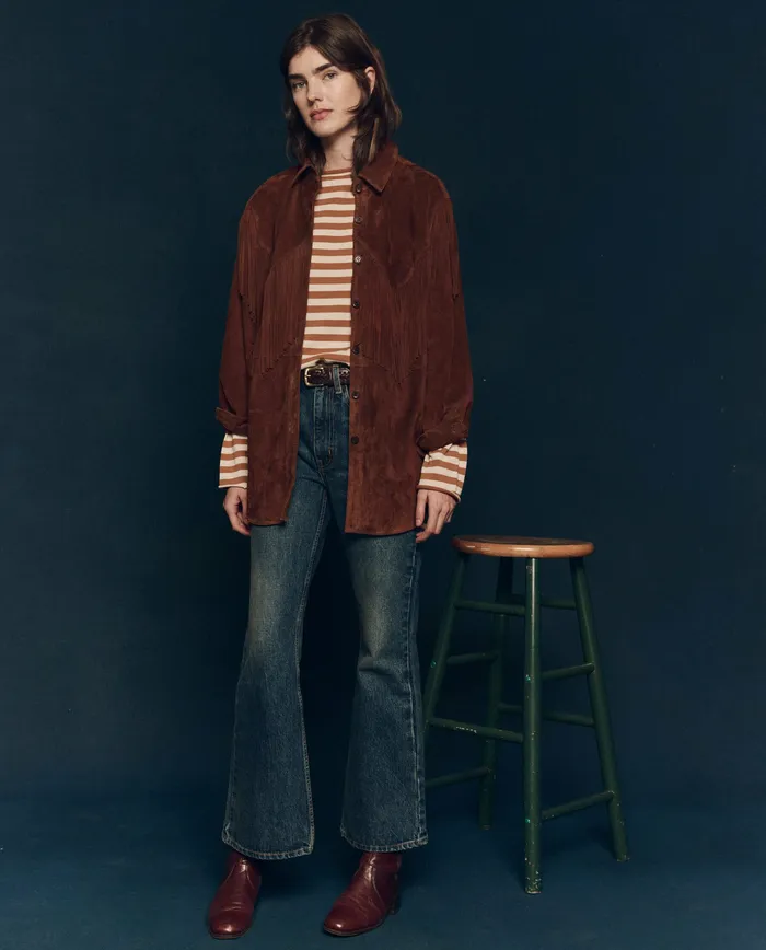 Jackets and Outerwear The Great Women The Suede Fringe Shirt Jacket Cognac