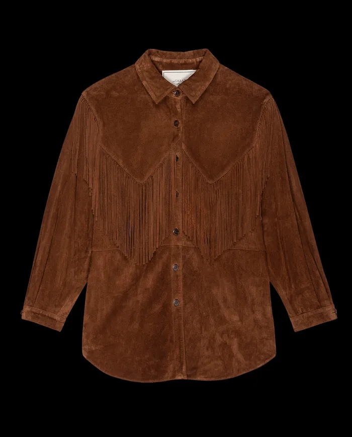 Jackets and Outerwear The Great Women The Suede Fringe Shirt Jacket Cognac