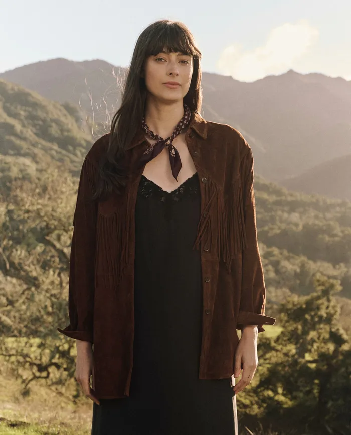Jackets and Outerwear The Great Women The Suede Fringe Shirt Jacket Cognac