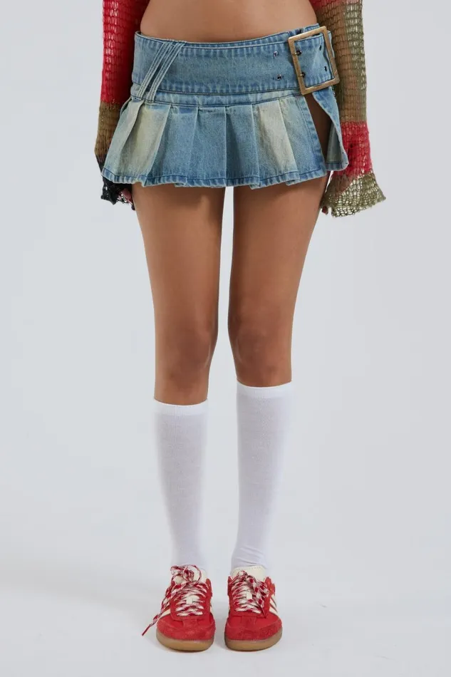 Jaded London Denim Skirts Blue Pleated Denim Mini Skirt With Belt Detail 8211 Women