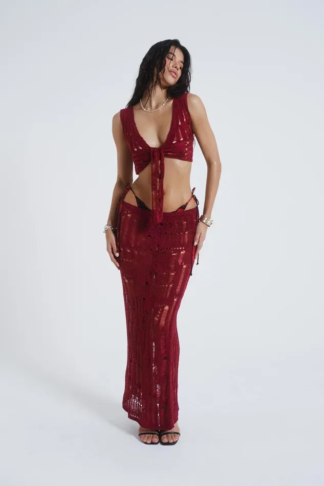 Jaded London Knitwear Burgundy Laddered Knit Maxi Skirt 8211 Women