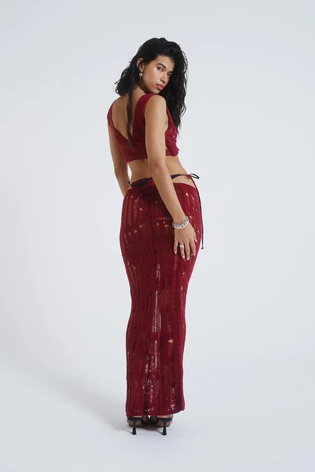 Jaded London Knitwear Burgundy Laddered Knit Maxi Skirt 8211 Women