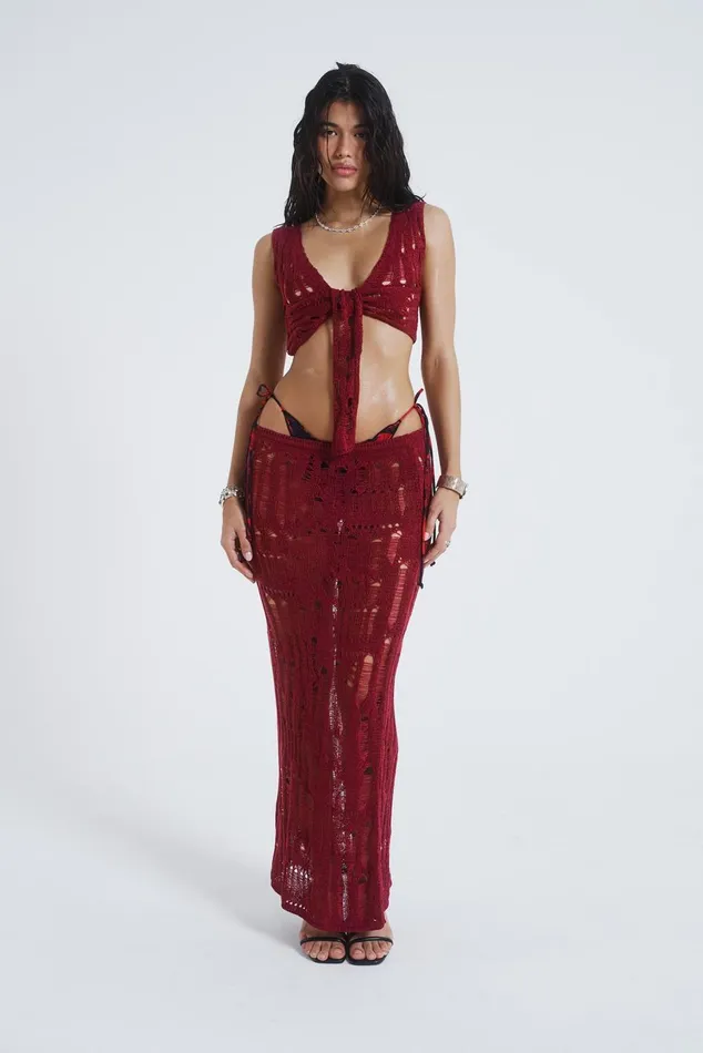 Jaded London Knitwear Burgundy Laddered Knit Maxi Skirt 8211 Women