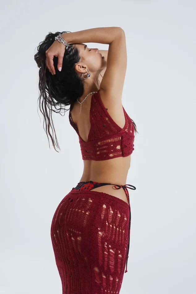 Jaded London Knitwear Burgundy Laddered Knit Maxi Skirt 8211 Women