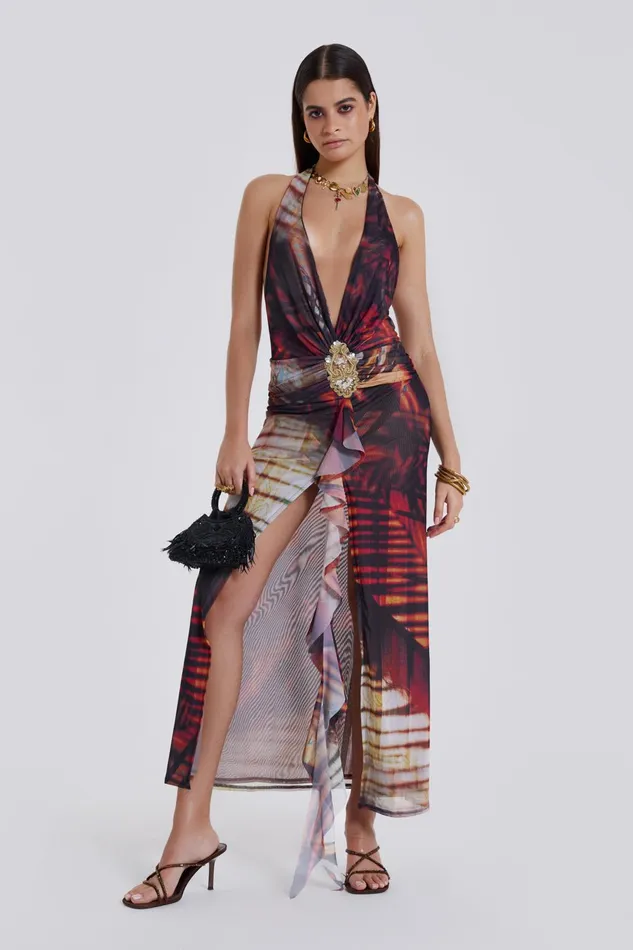 Jaded London Maxi Dresses Beach Sunset Print Plunge Halter Neck Dress 8211 Women