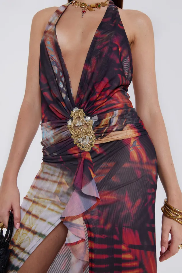 Jaded London Maxi Dresses Beach Sunset Print Plunge Halter Neck Dress 8211 Women