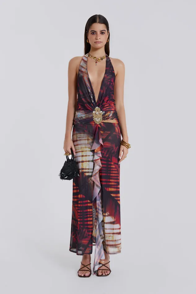 Jaded London Maxi Dresses Beach Sunset Print Plunge Halter Neck Dress 8211 Women