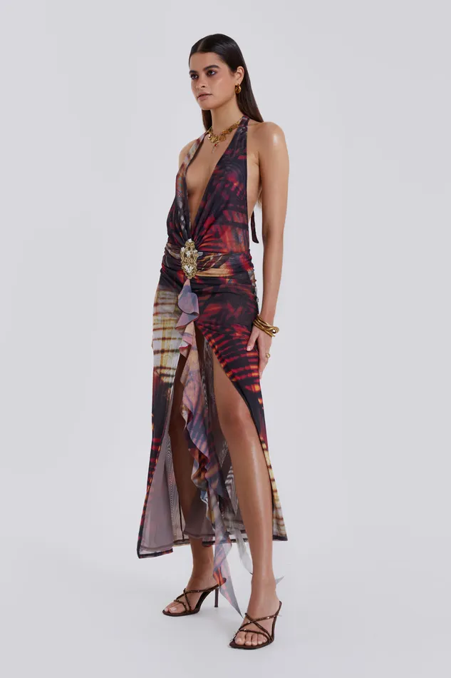 Jaded London Maxi Dresses Beach Sunset Print Plunge Halter Neck Dress 8211 Women