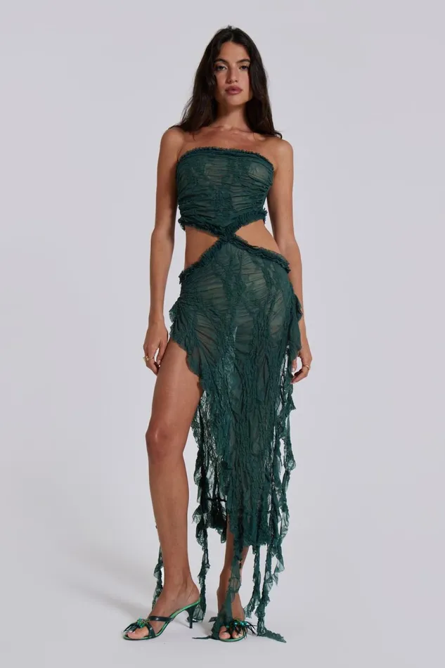 Jaded London Midi Dresses Green Scrunch Lace Midi Dress 8211 Women