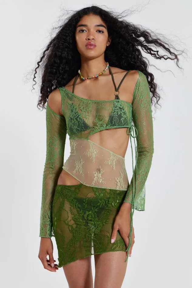 Jaded London Mini Dresses Mixed Green Long Sleeve Mixed Lace Mini Dress With Slash Cut Out Detail 8211 Women Jaded London Mini Dresses Mixed Green Long Sleeve Mixed Lace Mini Dress With Slash Cut Out Detail 8211 Women