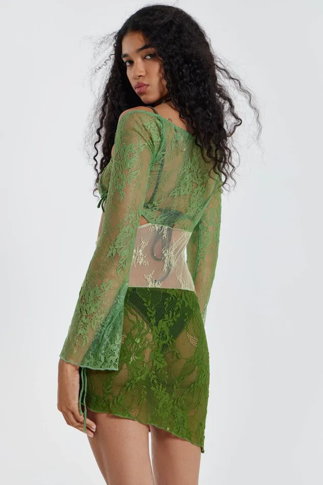 Jaded London Mini Dresses Mixed Green Long Sleeve Mixed Lace Mini Dress With Slash Cut Out Detail 8211 Women