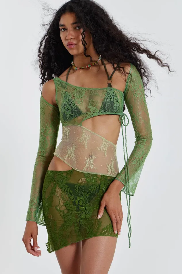 Jaded London Mini Dresses Mixed Green Long Sleeve Mixed Lace Mini Dress With Slash Cut Out Detail 8211 Women