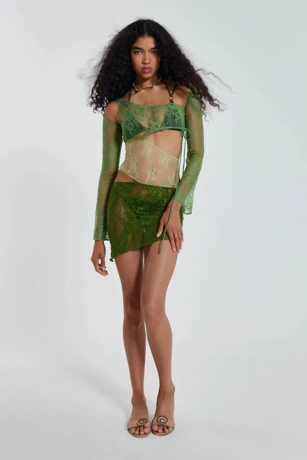 Jaded London Mini Dresses Mixed Green Long Sleeve Mixed Lace Mini Dress With Slash Cut Out Detail 8211 Women