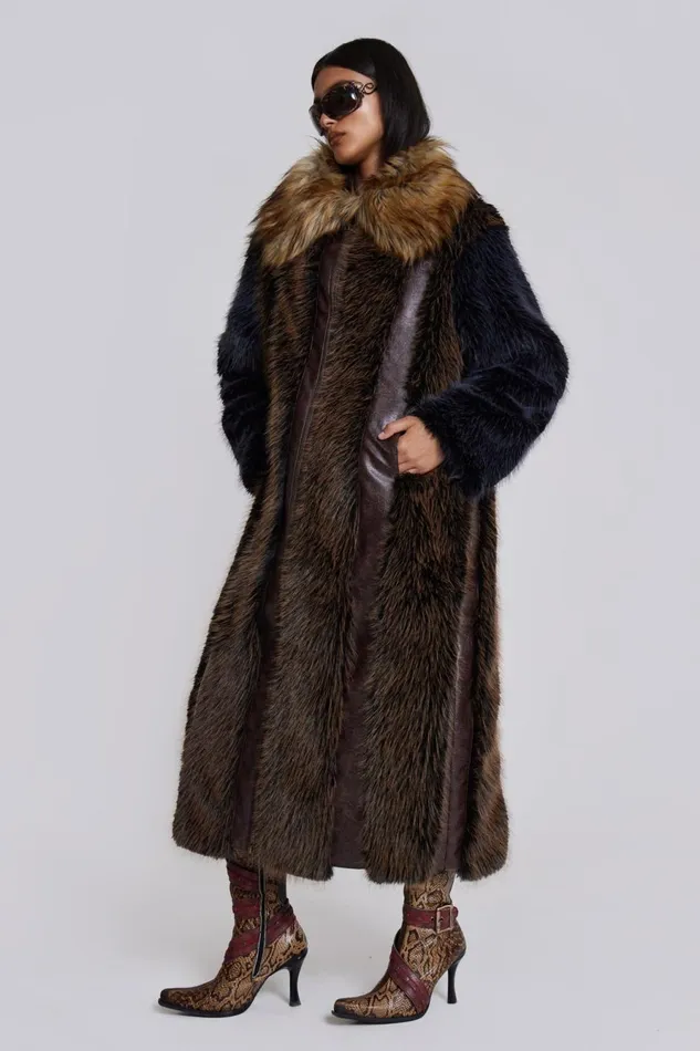 Jaded London Outerwear Maxi Length Fur and Leather Coat 8211 Women