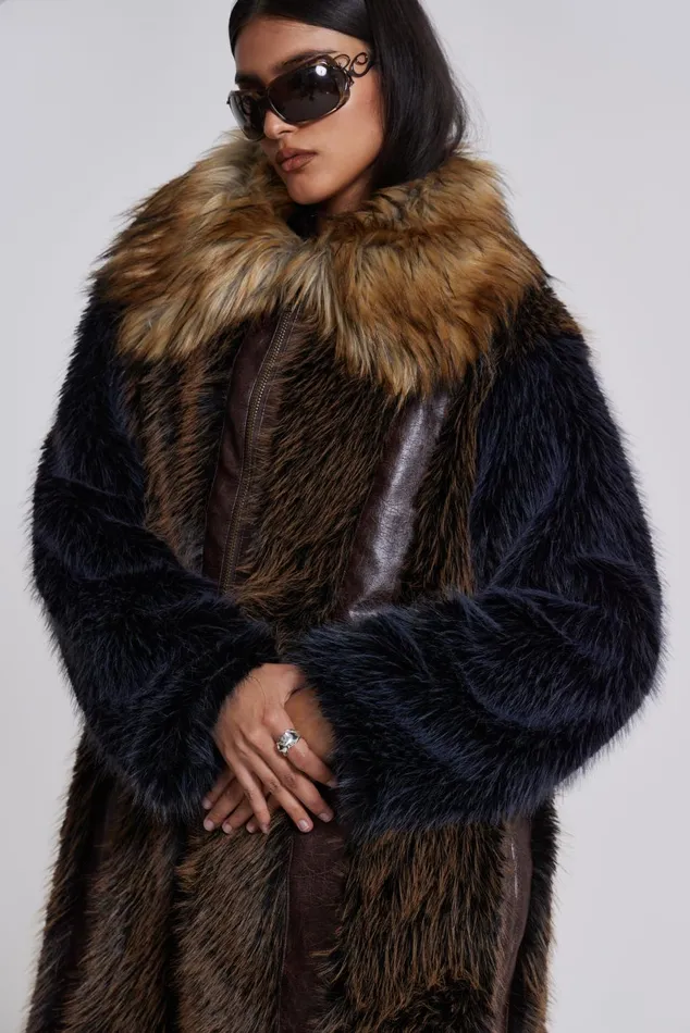 Jaded London Outerwear Maxi Length Fur and Leather Coat 8211 Women