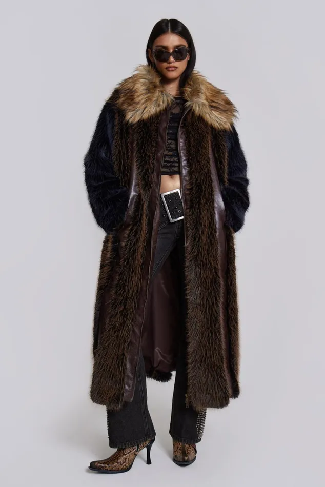 Jaded London Outerwear Maxi Length Fur and Leather Coat 8211 Women