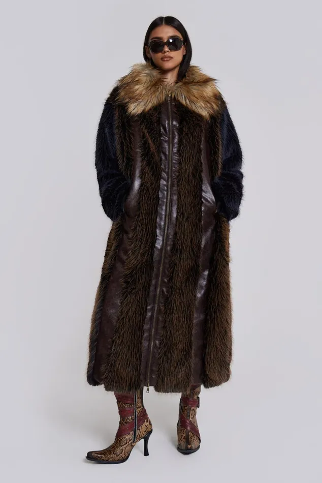 Jaded London Outerwear Maxi Length Fur and Leather Coat 8211 Women
