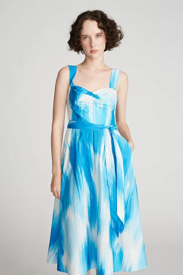 Jayden Dress In Printed Poplin Ocean Warp Print Women Halston Dresses