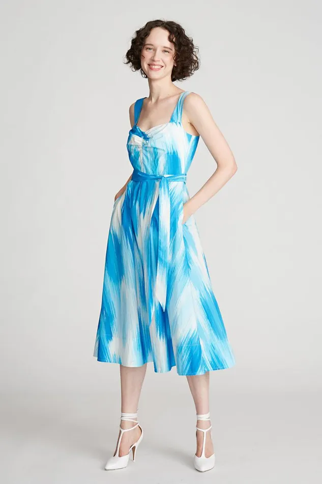 Jayden Dress In Printed Poplin Ocean Warp Print Women Halston Dresses Jayden Dress In Printed Poplin Ocean Warp Print Women Halston Dresses
