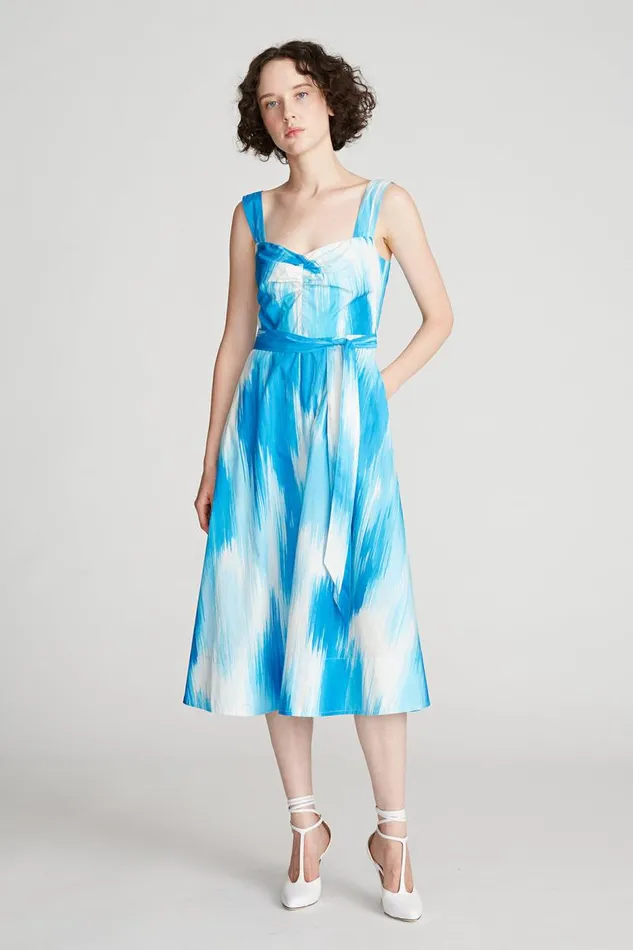 Jayden Dress In Printed Poplin Ocean Warp Print Women Halston Dresses Jayden Dress In Printed Poplin Ocean Warp Print Women Halston Dresses