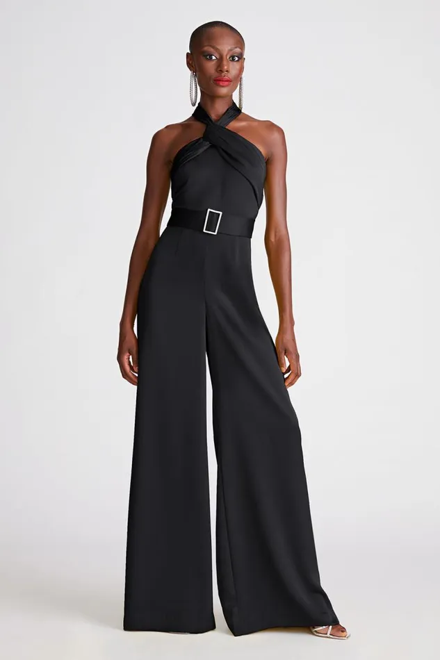 Kani Jumpsuit In Satin Black Women Halston Jumpsuits