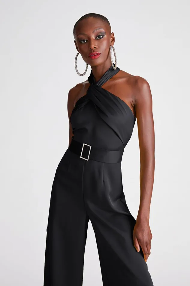 Kani Jumpsuit In Satin Black Women Halston Jumpsuits