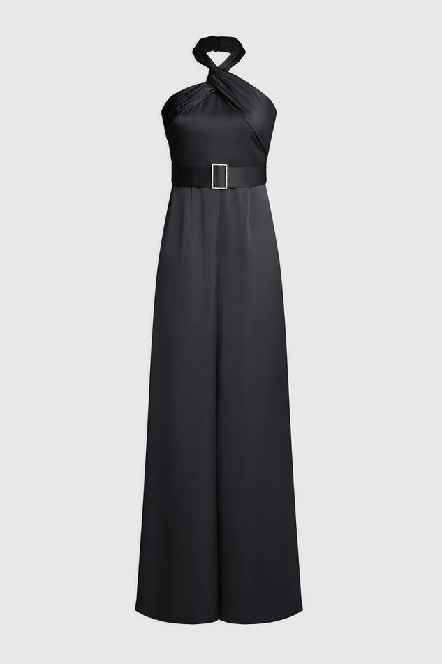 Kani Jumpsuit In Satin Black Women Halston Jumpsuits