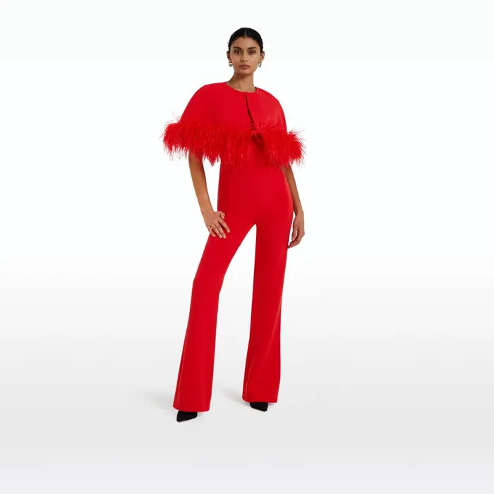 Kepuret Scarlet Red FeatherTrimmed Cape With Myrine Jumpsuit Women Safiyaa Jumpsuits