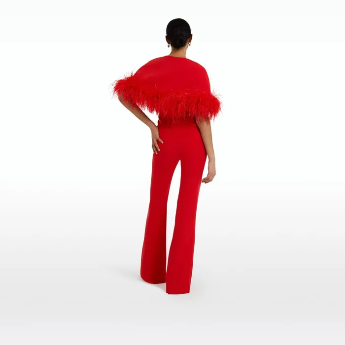 Kepuret Scarlet Red FeatherTrimmed Cape With Myrine Jumpsuit Women Safiyaa Jumpsuits