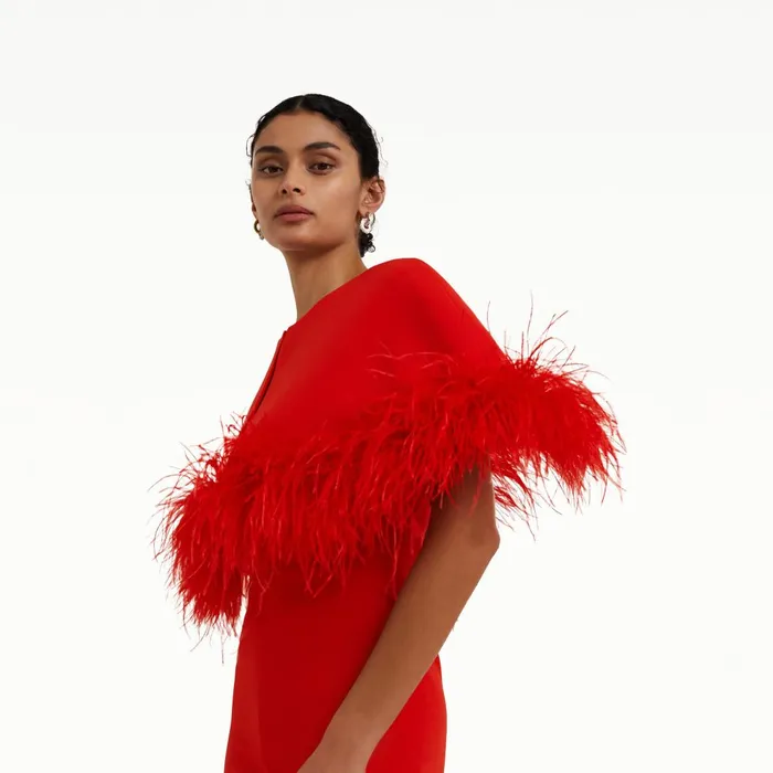 Kepuret Scarlet Red FeatherTrimmed Cape With Myrine Jumpsuit Women Safiyaa Jumpsuits