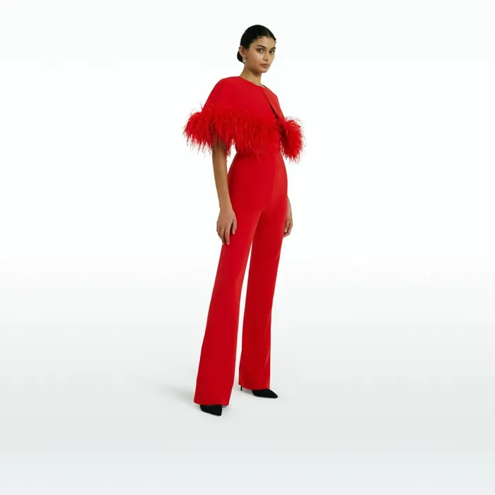Kepuret Scarlet Red FeatherTrimmed Cape With Myrine Jumpsuit Women Safiyaa Jumpsuits