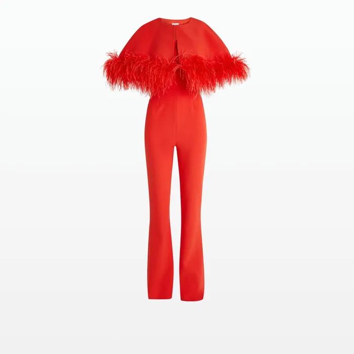 Kepuret Scarlet Red FeatherTrimmed Cape With Myrine Jumpsuit Women Safiyaa Jumpsuits