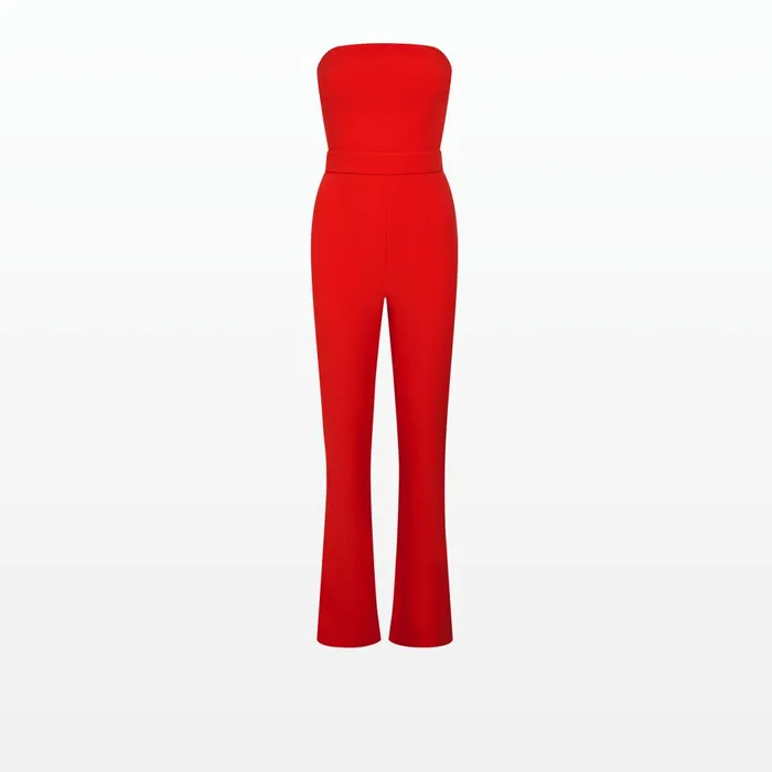 Kepuret Scarlet Red FeatherTrimmed Cape With Myrine Jumpsuit Women Safiyaa Jumpsuits