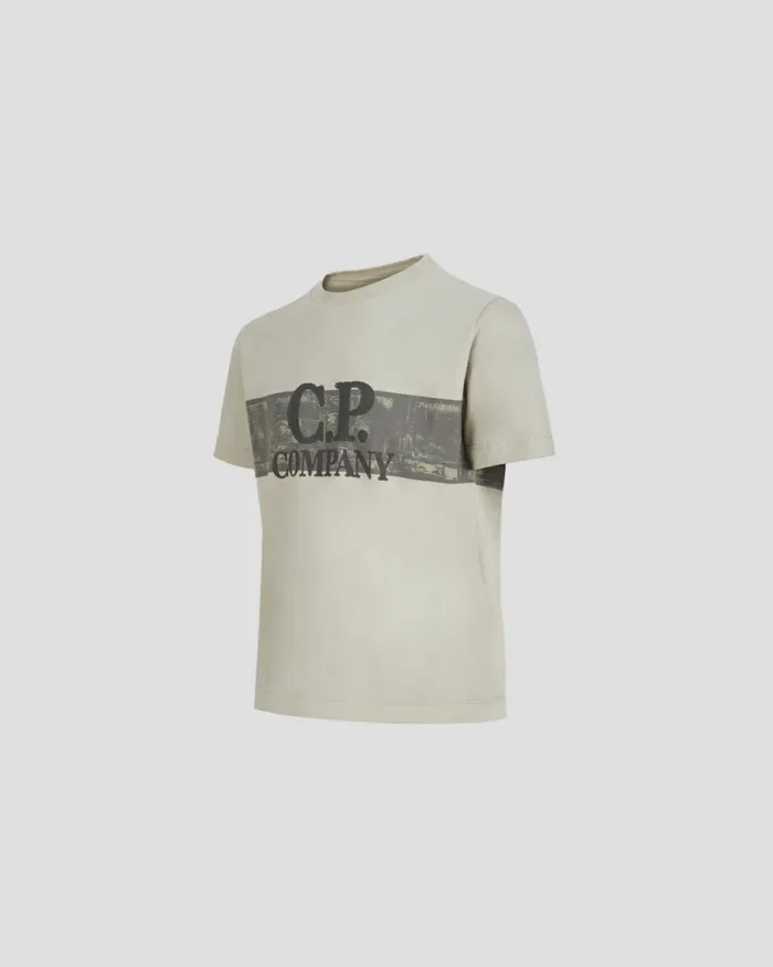 Kids CP Company Clothing 0810 U16 301 Printed Tracery Striped Tshirt Silver Sage 8211 Brown
