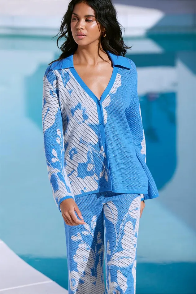 Knits Women MISA Los Angeles LORCA TOP Blue Hibiscus Flora