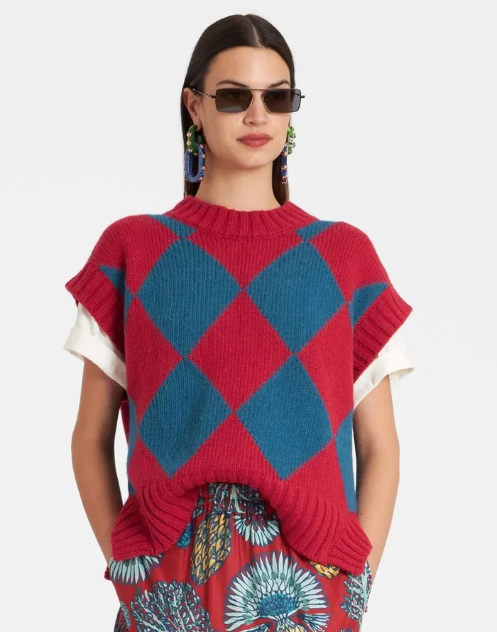 La Double J Argyle Gilet Red and Blue In Wool Ready To Wear Knitwear