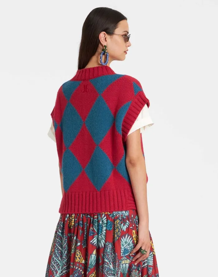 La Double J Argyle Gilet Red and Blue In Wool Ready To Wear Knitwear La Double J Argyle Gilet Red and Blue In Wool Ready To Wear Knitwear