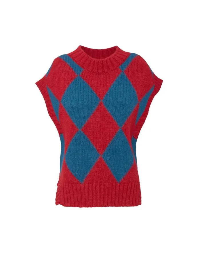 La Double J Argyle Gilet Red and Blue In Wool Ready To Wear Knitwear La Double J Argyle Gilet Red and Blue In Wool Ready To Wear Knitwear