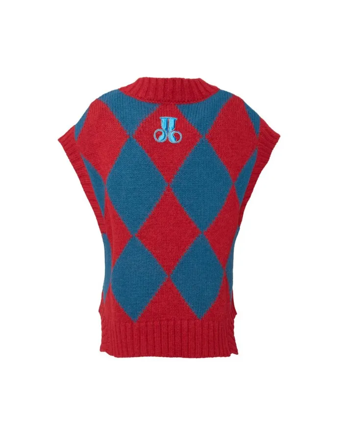 La Double J Argyle Gilet Red and Blue In Wool Ready To Wear Knitwear La Double J Argyle Gilet Red and Blue In Wool Ready To Wear Knitwear
