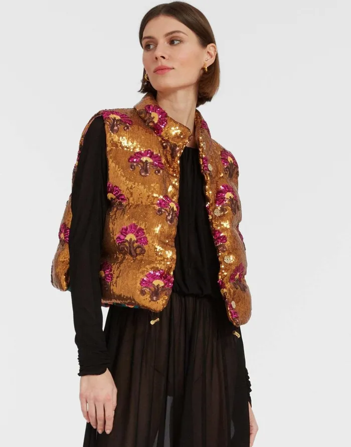 La Double J Bonbon Puffer Vest Bronze In Textured Sequins Ready To Wear Outerwear