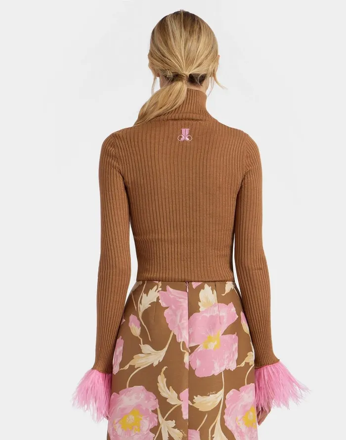 La Double J High Kick Top Camel In Ribbed Silk Cashmere With Feathers Ready To Wear Knitwear La Double J High Kick Top Camel In Ribbed Silk Cashmere With Feathers Ready To Wear Knitwear