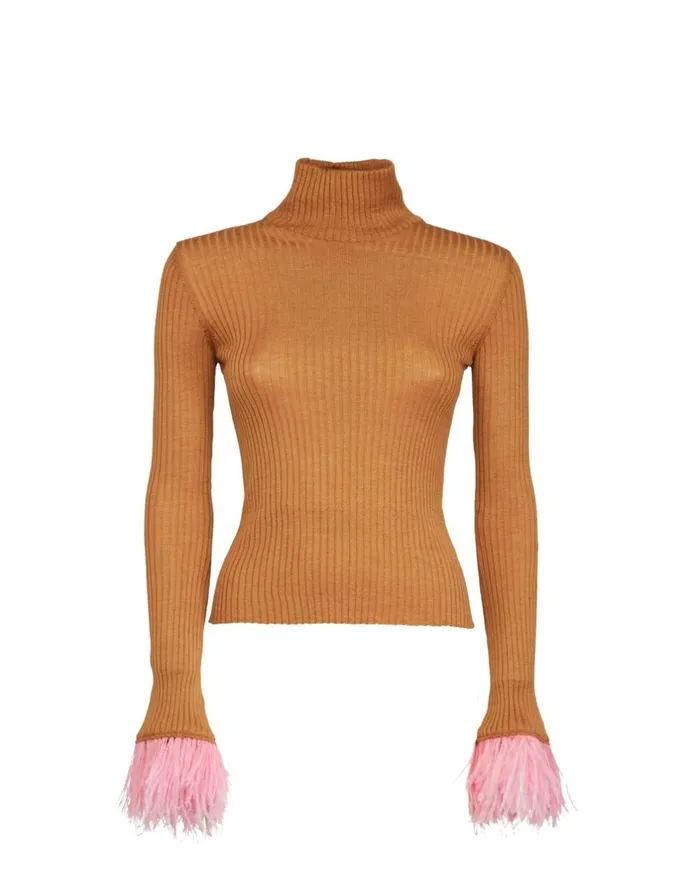 La Double J High Kick Top Camel In Ribbed Silk Cashmere With Feathers Ready To Wear Knitwear La Double J High Kick Top Camel In Ribbed Silk Cashmere With Feathers Ready To Wear Knitwear