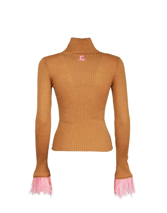 La Double J High Kick Top Camel In Ribbed Silk Cashmere With Feathers Ready To Wear Knitwear La Double J High Kick Top Camel In Ribbed Silk Cashmere With Feathers Ready To Wear Knitwear