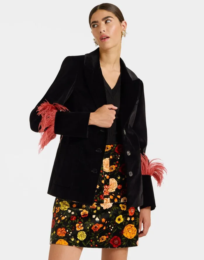 La Double J Keaton Jacket Solid Black In Cotton Velvet With Feathers Ready To Wear Outerwear La Double J Keaton Jacket Solid Black In Cotton Velvet With Feathers Ready To Wear Outerwear
