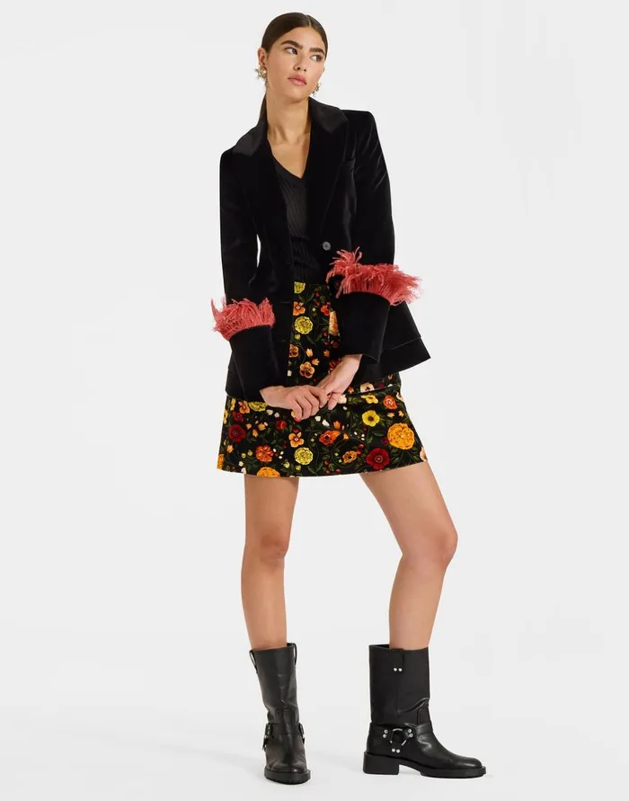 La Double J Keaton Jacket Solid Black In Cotton Velvet With Feathers Ready To Wear Outerwear La Double J Keaton Jacket Solid Black In Cotton Velvet With Feathers Ready To Wear Outerwear