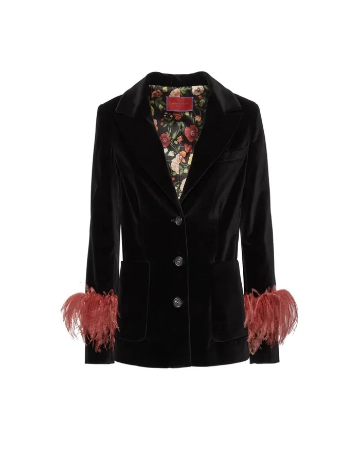 La Double J Keaton Jacket Solid Black In Cotton Velvet With Feathers Ready To Wear Outerwear La Double J Keaton Jacket Solid Black In Cotton Velvet With Feathers Ready To Wear Outerwear