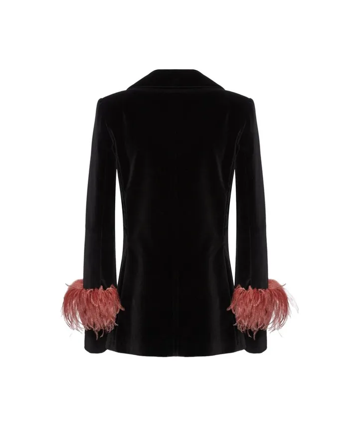 La Double J Keaton Jacket Solid Black In Cotton Velvet With Feathers Ready To Wear Outerwear La Double J Keaton Jacket Solid Black In Cotton Velvet With Feathers Ready To Wear Outerwear
